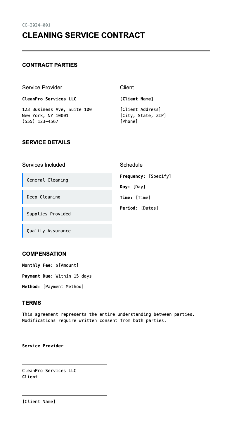 Clean layout cleaning contract